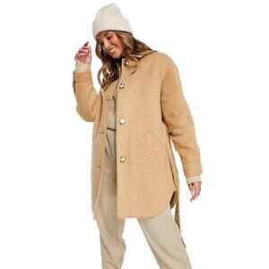 Topshop Size 10 Camel Belted Brushed Shacket Coat Wool Blend Button Front HR1-16